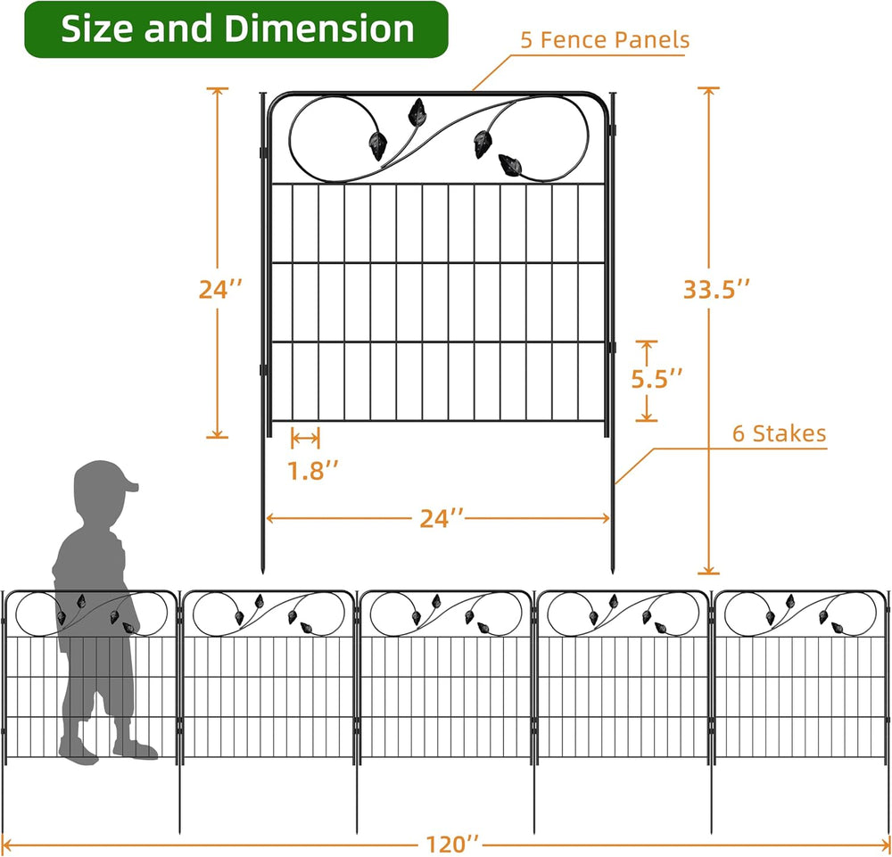 Decorative Metal Garden Fence 24in(H)X10ft(L) 5 Panels Black Garden Fencing