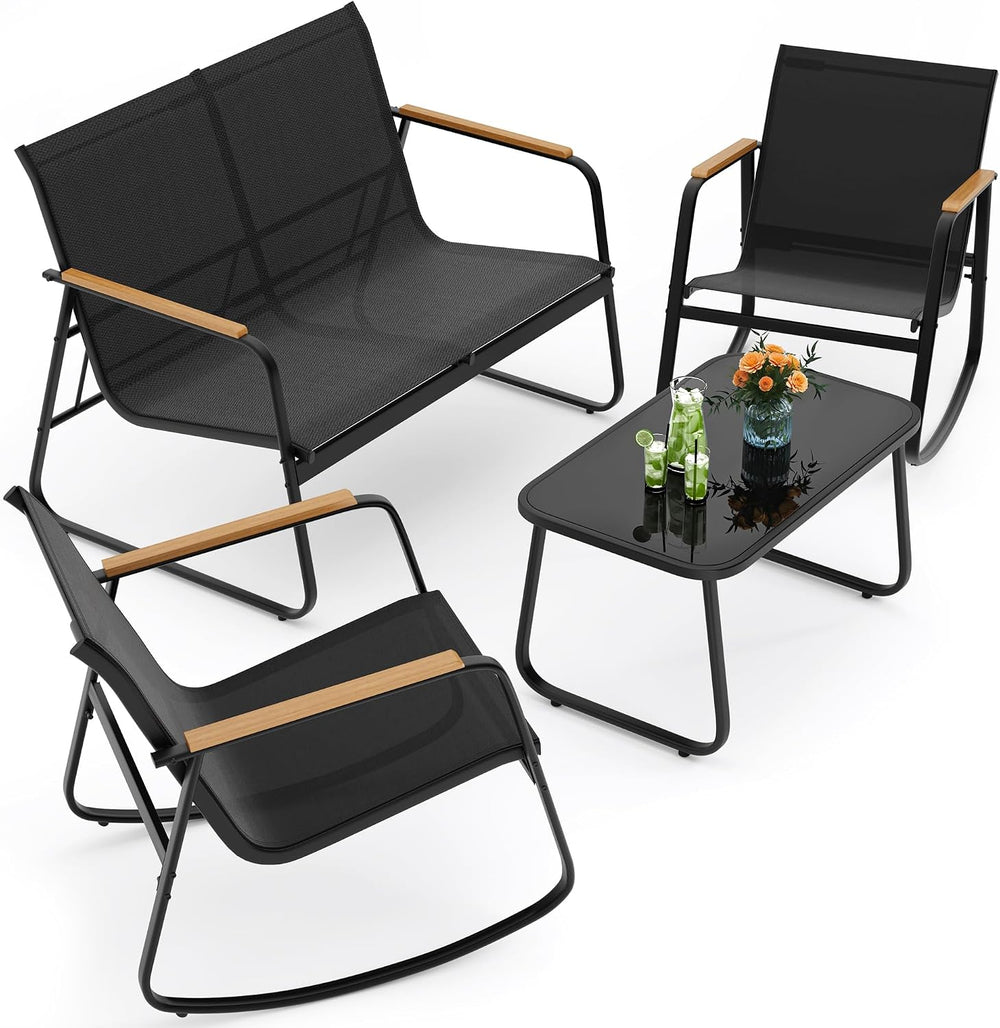 Ahomly 4-Piece Patio Furniture Set, Textilene Conversation Set, Black