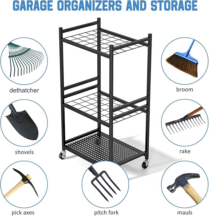 Garden Organizer With Wheels, Yard Tower Rack for Garage Storage, Up to 35 Lo...