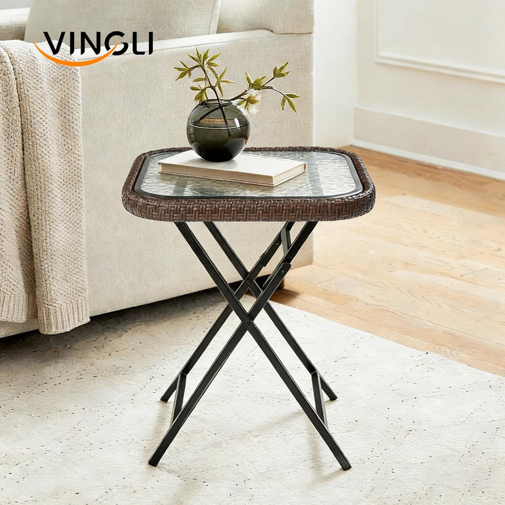 VINGLI 18in Modern Brown Rattan Folding Glass Outdoor Side Table, Small Patio...