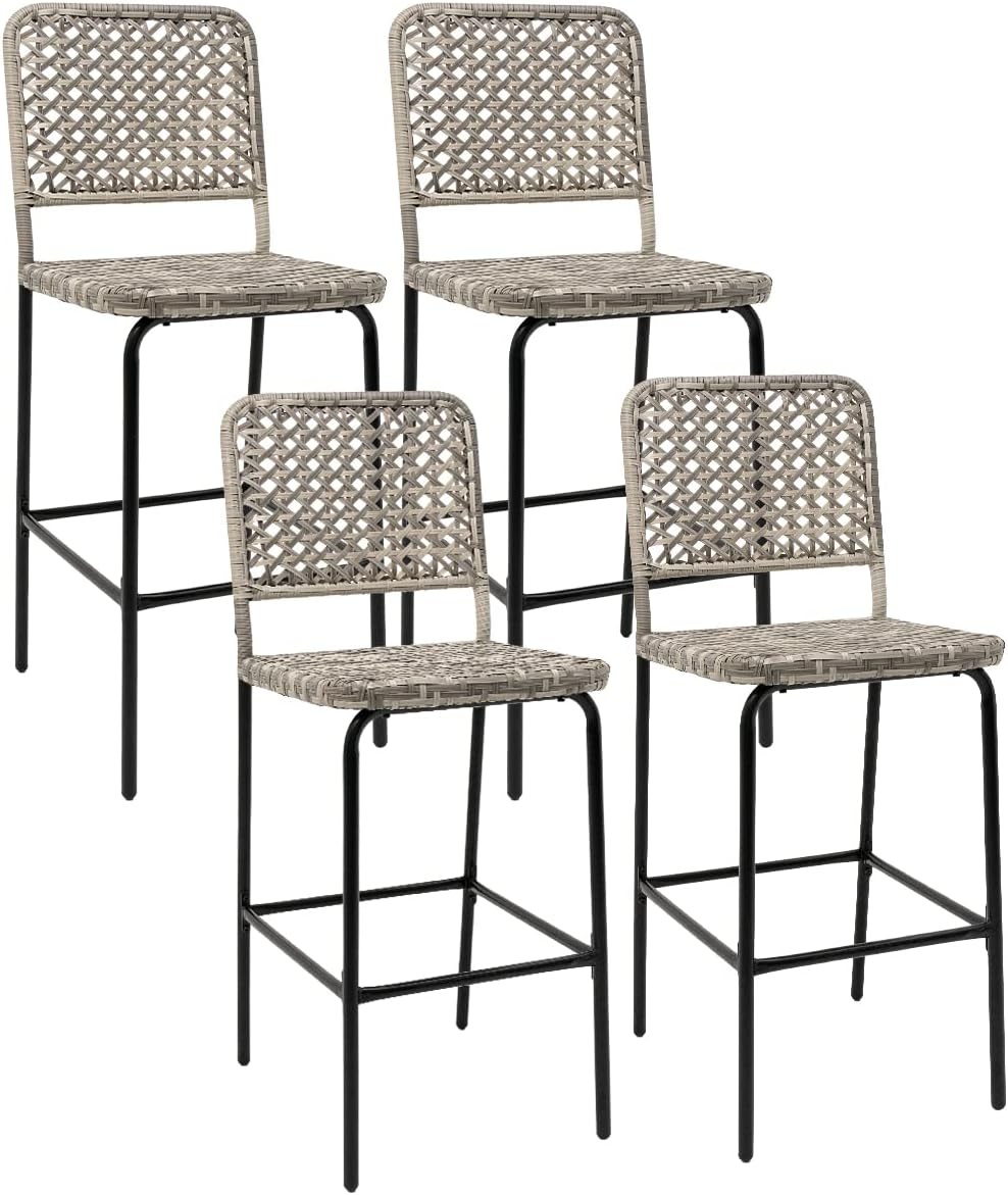 Sundale Outdoor Patio Bar Stools Set of 4, Hand Woven PE Rattan Hollow Back A...
