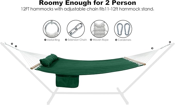 2 Person Hammocks for Outside, Double Quilted Fabric Outdoor Hammock with Spr...