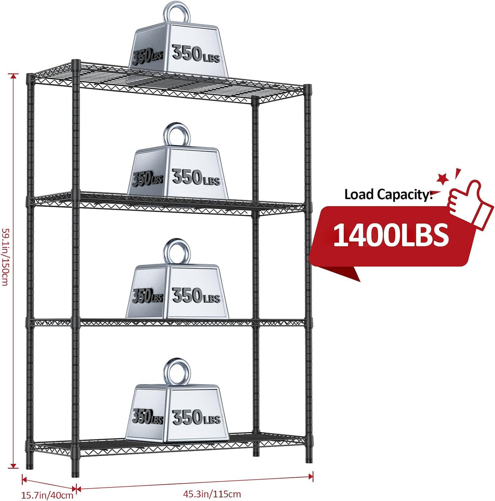1400 LBS Garage Black Shelving Wide Storage Shelves 4 Tier Adjustable Heavy D...