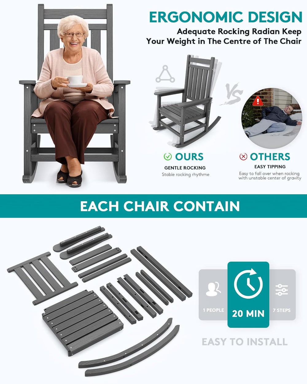 SERWALL Outdoor Rocking Chair Set of 2, HDPE Rocking Chair for Adult, Grey