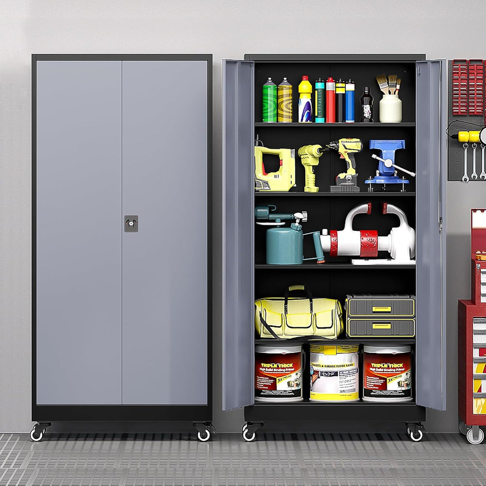 Metal Garage Storage Cabinet with Locking Doors and Adjustable Shelves, Wide ...