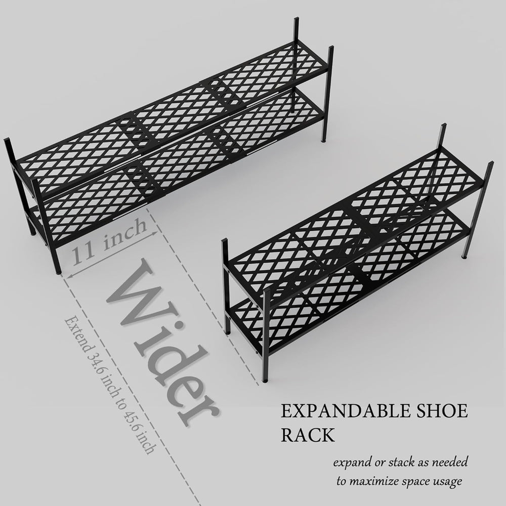 Long Expandable Metal Shoe Rack for Closet, Entryway, Garage, 2-Tier, Black