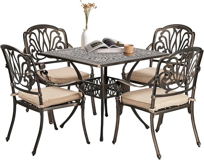 VINGLI 5-Piece Outdoor Patio Dining Set, Cast Aluminum All-Weather Outdoor Ta...