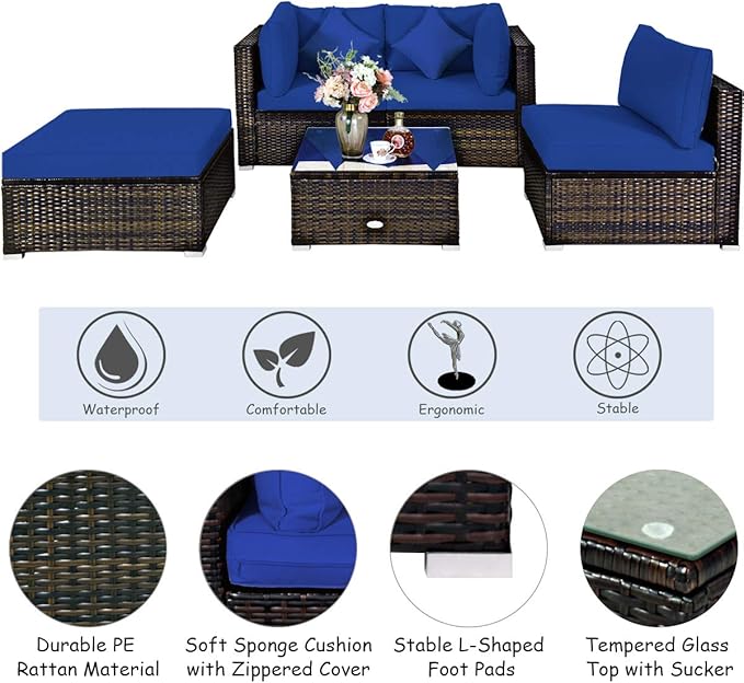 Tangkula 5 Pieces Patio Rattan Furniture Set, Outdoor Sectional Rattan Sofa S...