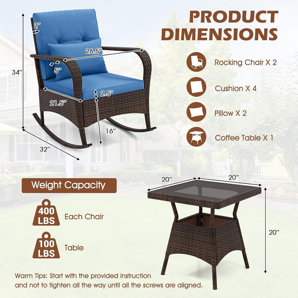 ORALNER 3 Pieces Outdoor Wicker Rocking Chair, Patio Furniture Set (Navy)