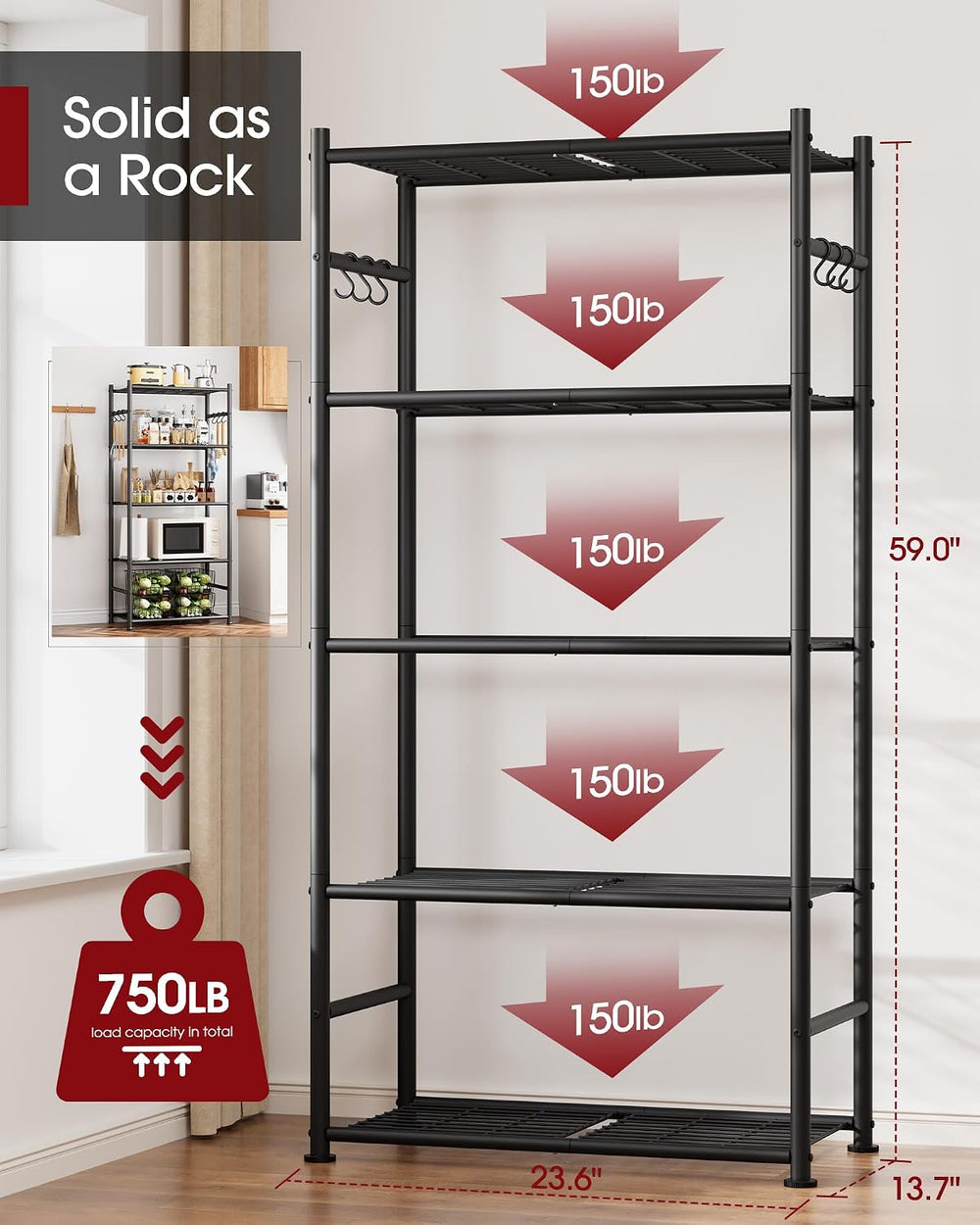 5-Tier Storage Shelves with Hooks, 23.6" x 13.7" x 59", Black