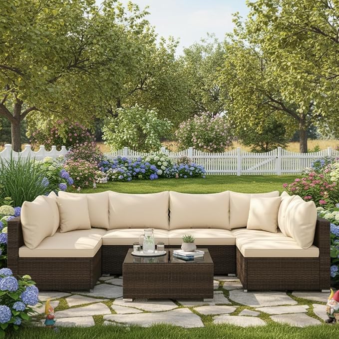 Tangkula 7 Pieces Wicker Patio Furniture Set, All-Weather Outdoor Rattan Sect...