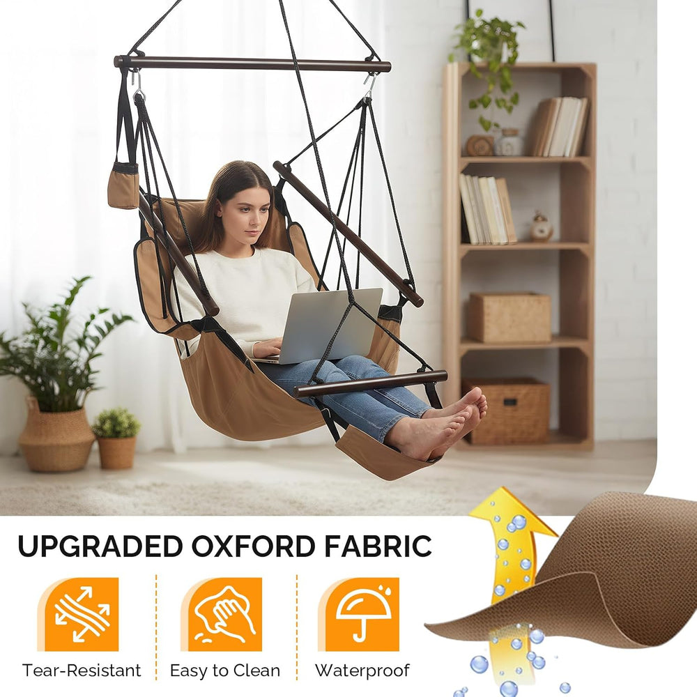 Upgraded Unique Hammock Hanging Sky Chair, Air Deluxe Swing Seat with Rope (Tan)