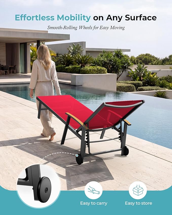 Ciokea Outdoor Lounge Chair with Pillow, 5-Position Aluminum Chaise Lounge wi...