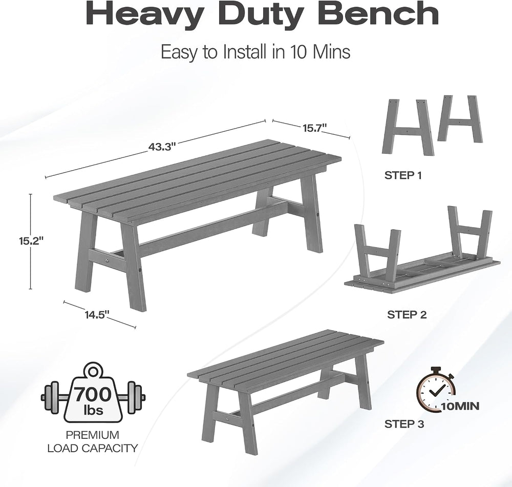 nalone Outdoor Bench, All-Weather HDPE Backless Bench for Porch (Grey)