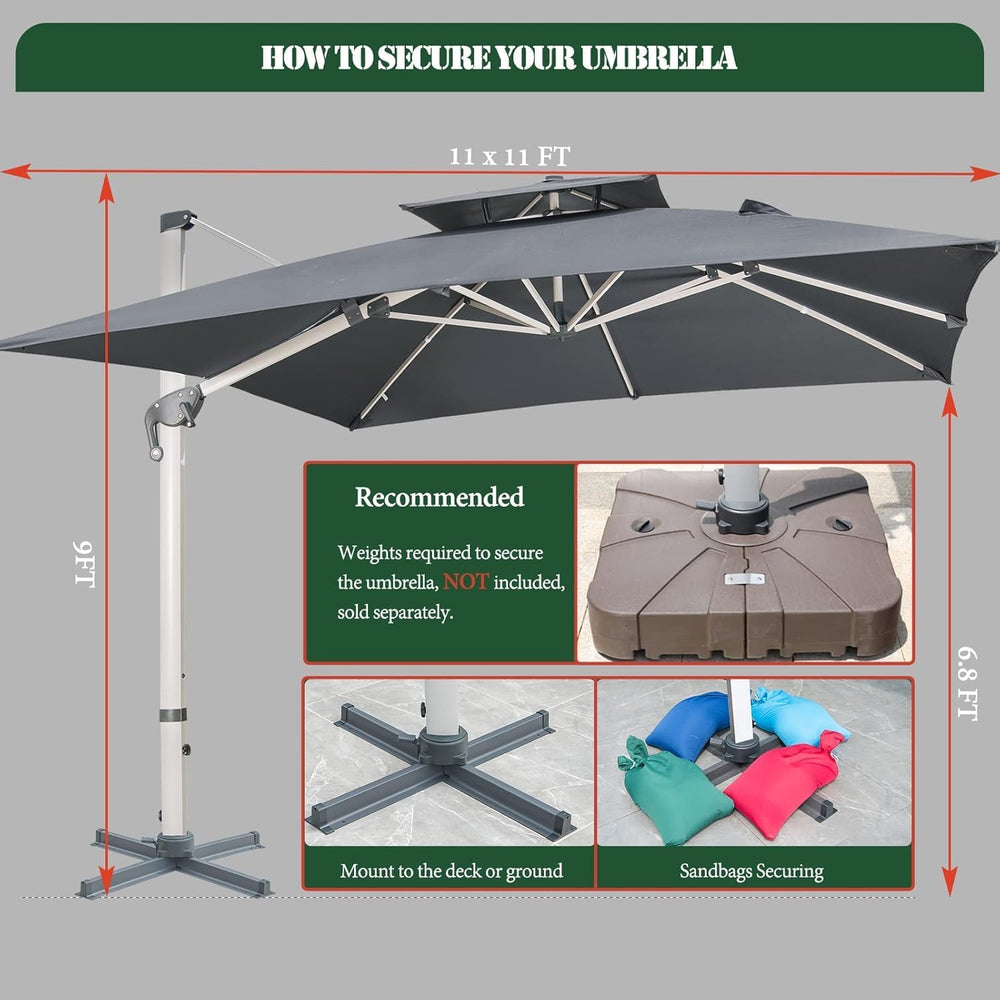 Cantilever Patio Umbrella with Cross Base and Cover Included - 360° Rotation ...
