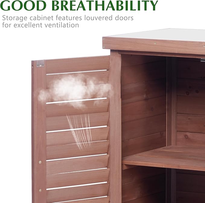 Outdoor Storage Cabinet & Potting Bench Table with Metal Top, Wooden Pati...