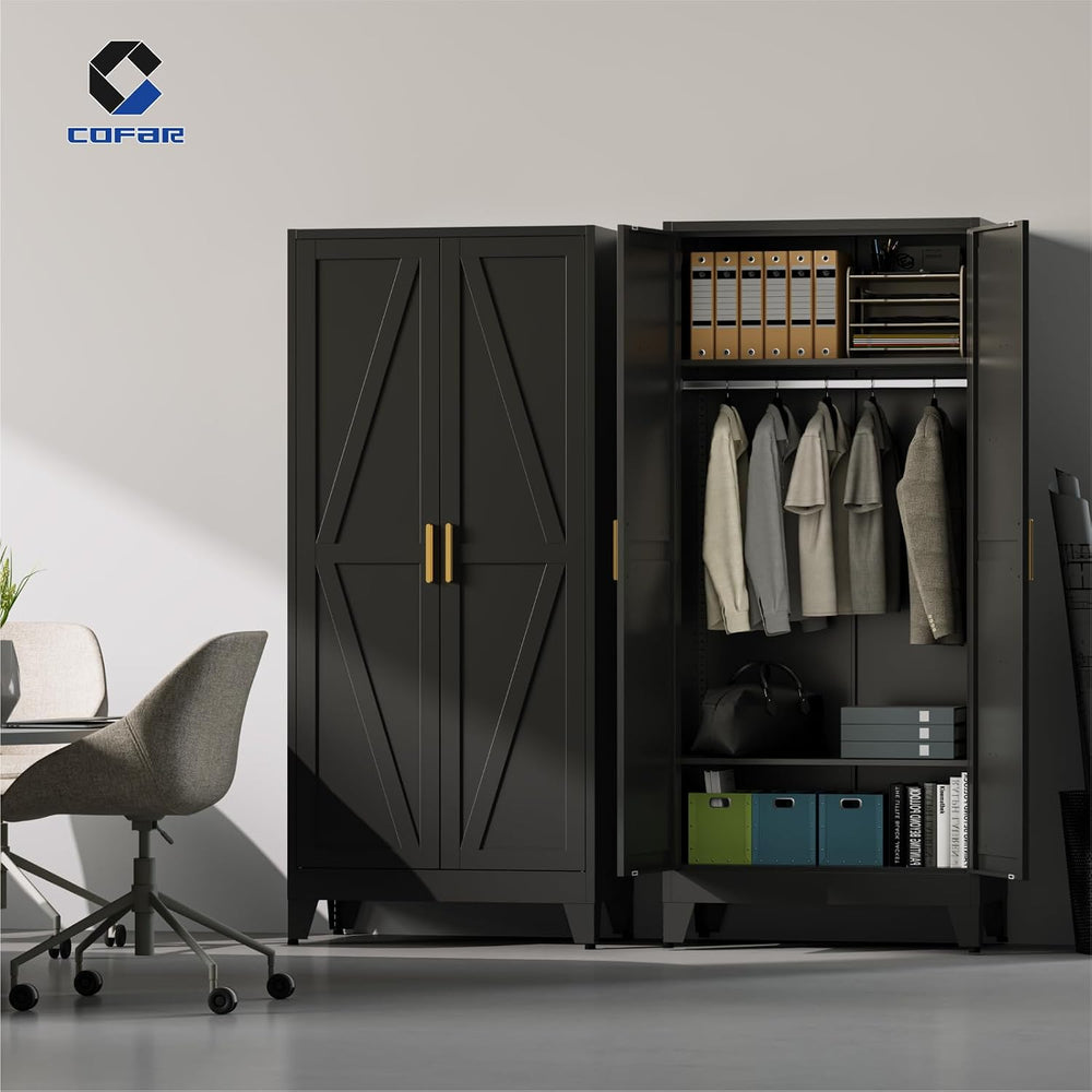 COFaR Metal Wardrobe Closet with Doors, Black Farmhouse Bedroom Armoires with...