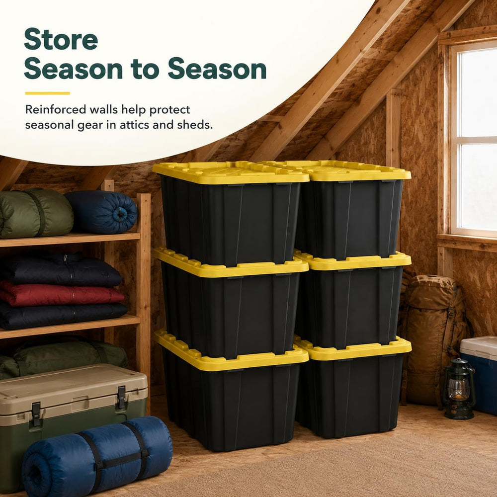 6-Pack 27Gal Stackable Storage Bins with Lids, Heavy Plastic, Black Yellow