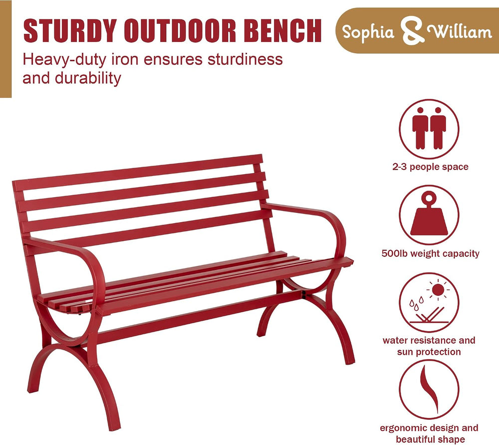 Sophia & William Outdoor Garden Bench, Metal Tube Frame Park Bench, Red