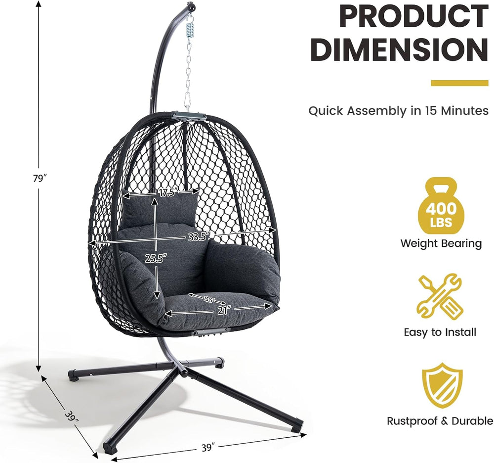 Egg Chair Outdoor with Stand, 400lbs Wicker Hanging Egg Swing Chair, Porch Sw...