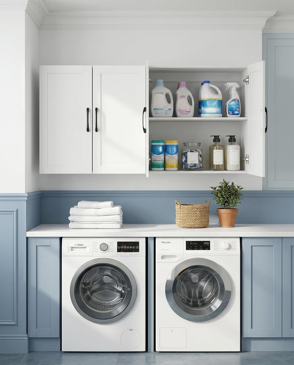 Wall Cabinet with Adjustable Shelves, Laundry Room Cabinet with 4 Doors, Kitc...