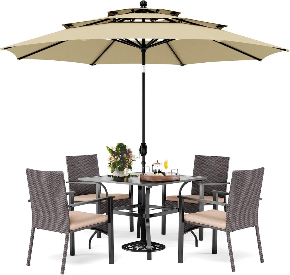 PHI VILLA 5pc Patio Dining Set with Umbrella, Square Table, Rattan Chairs
