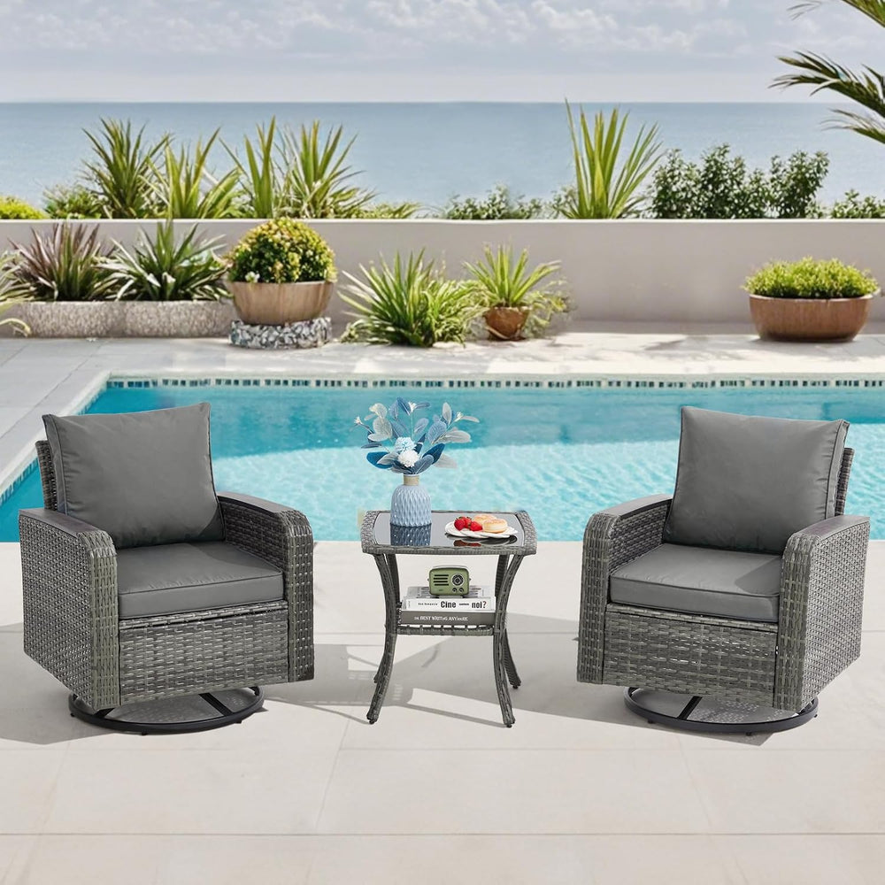 3 Piece Patio Set, Outdoor Swivel Chair, Wicker Patio Bistro Set with Side Ta...