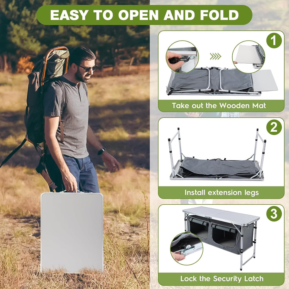 Outdoor Folding Camping Table with Storage Organizer(Grey)