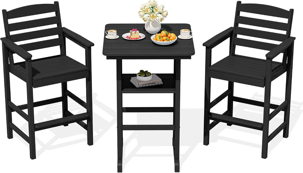 SERWALL 3 Pcs HDPE Bar Height Chairs and Double Layer Pub Table Set, Black