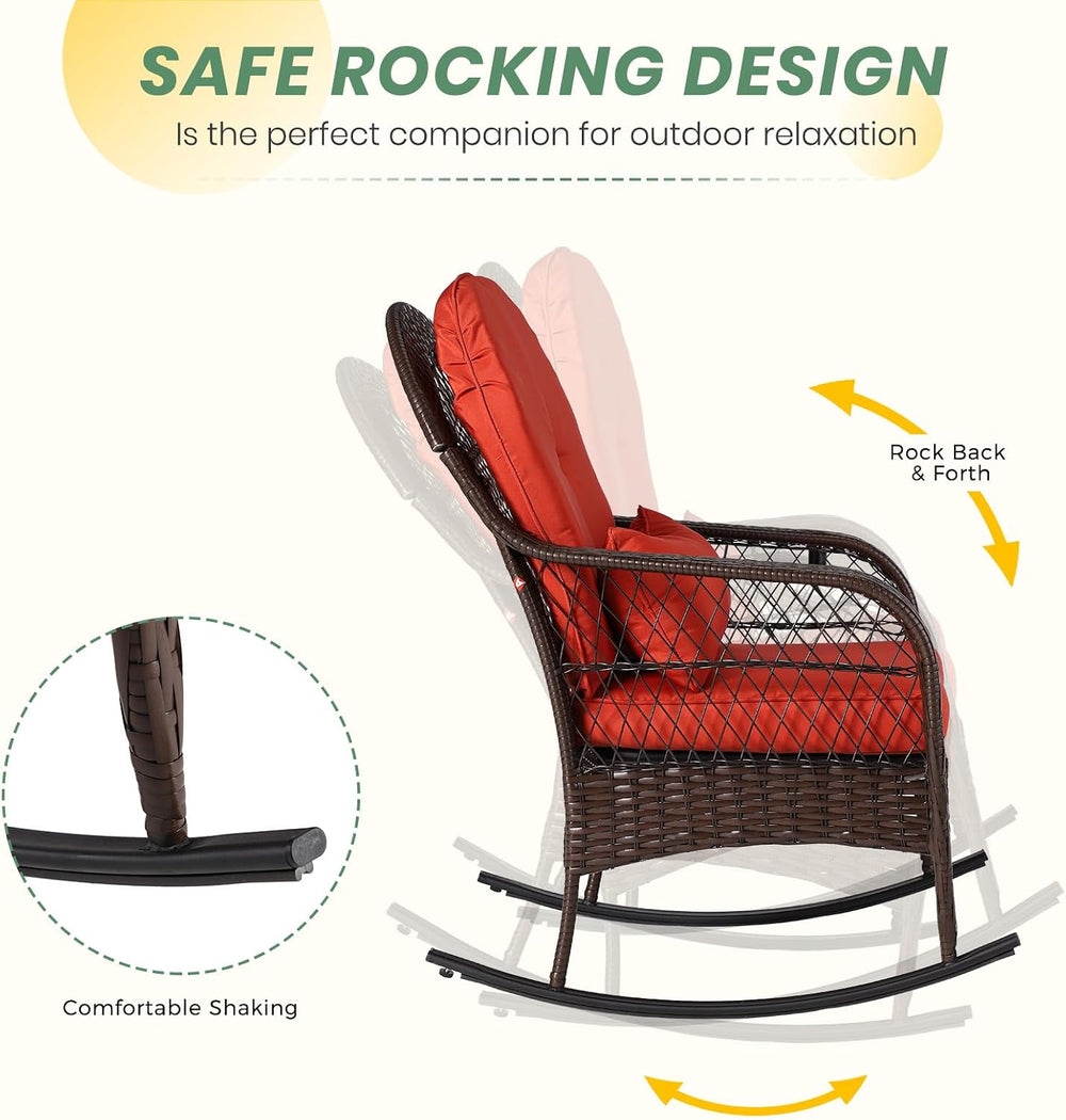 LVUYOYO Outdoor Wicker Rocking Chair, Patio Rattan Rocker Chair with Cushions...