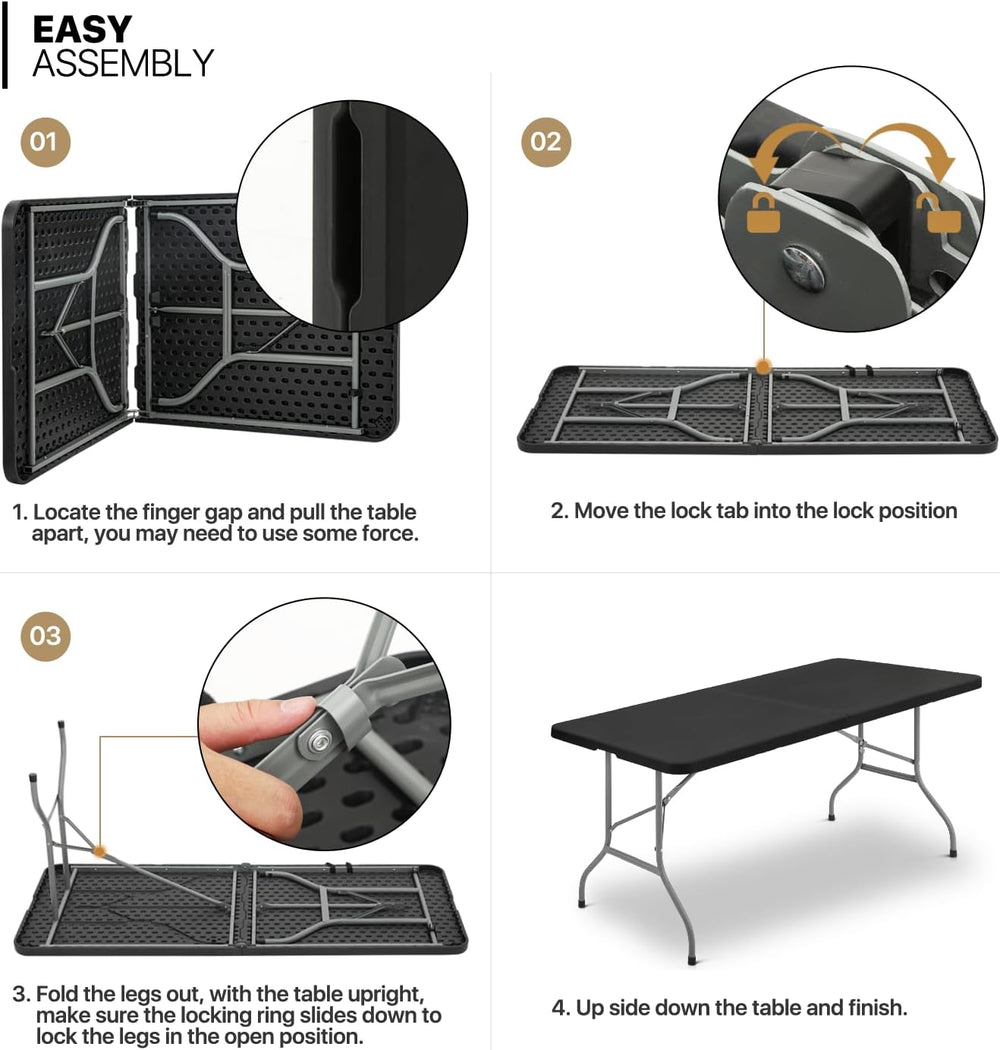 Magshion 6ft Plastic Foldable Table with Portable Handle, Black