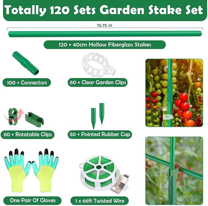 Cludoo 393PCS Garden Stakes Set with 120 Sets Fiberglass Plant Stakes Sticks ...