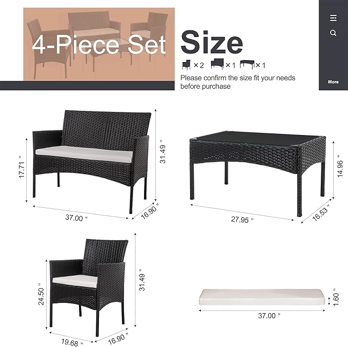 Shintenchi 4 Piece Outdoor Patio Furniture Sets, Small Wicker Patio Conversat...
