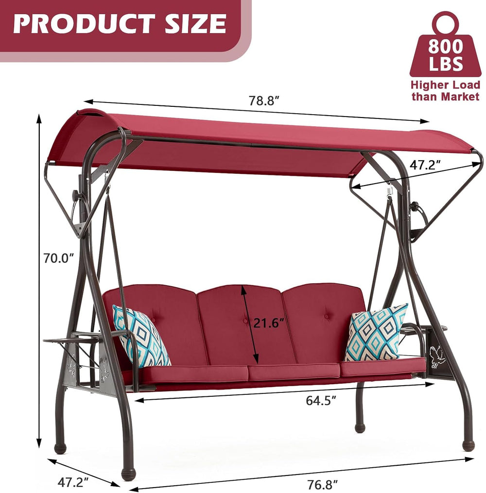 ZZW 800LBS Patio Swing with Canopy 3 Seat Outdoor Porch Swing with Stand w/Cu...