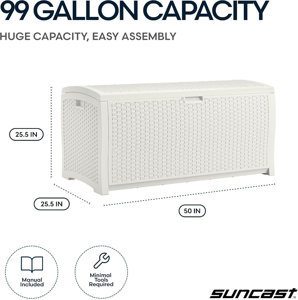 Suncast 99 Gallon Wicker Horizontal Outdoor Deck Box with Hinged Lid, Water-R...