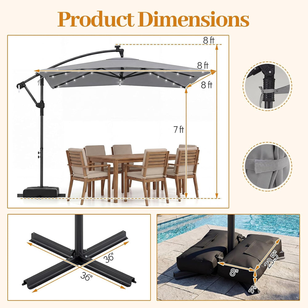 Tangkula 8x8 FT Solar Patio Umbrella with Base Included, Square Offset Cantil...