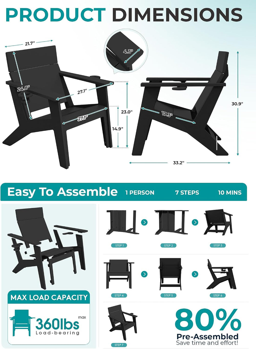 SERWALL Modern Adirondack Chair Tall Lounge Chair with Cup Holder, Black