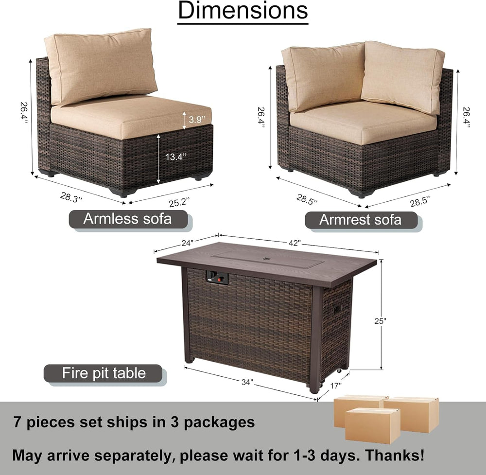 7 Piece Outdoor Patio Furniture Set with 42" Fire Pit, Wicker Furniture ...