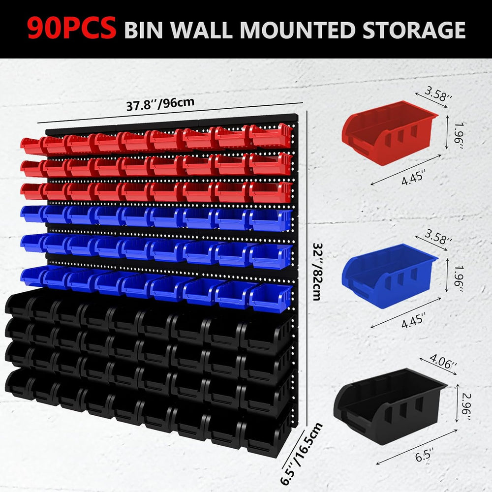 90Pcs Plastic Wall Mounted Storage Bins Parts Rack Nuts And Bolt Bins Organiz...