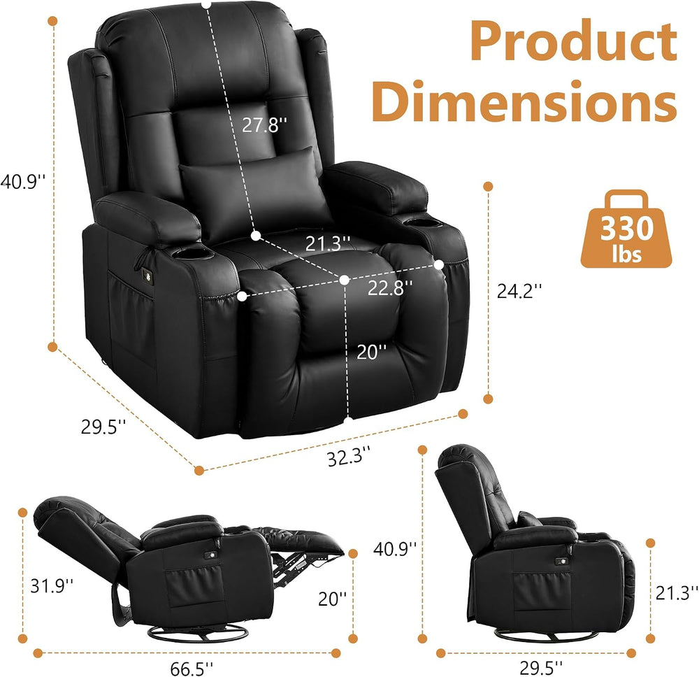 URRED Swivel Rocker Recliner Chair with LED Ambient Lights for Adults,Black