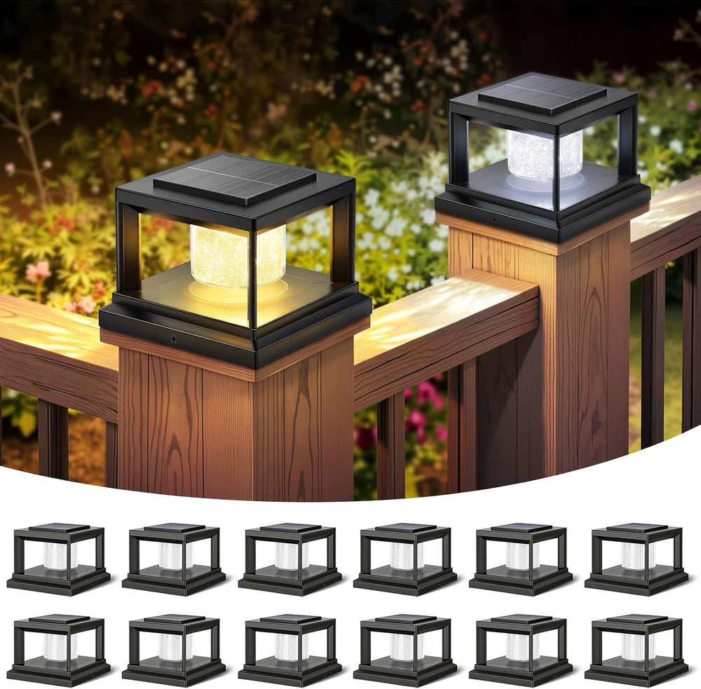 FOLKSMATE Solar Fence Post Cap Lights 12 Pack Outdoor Waterproof Black
