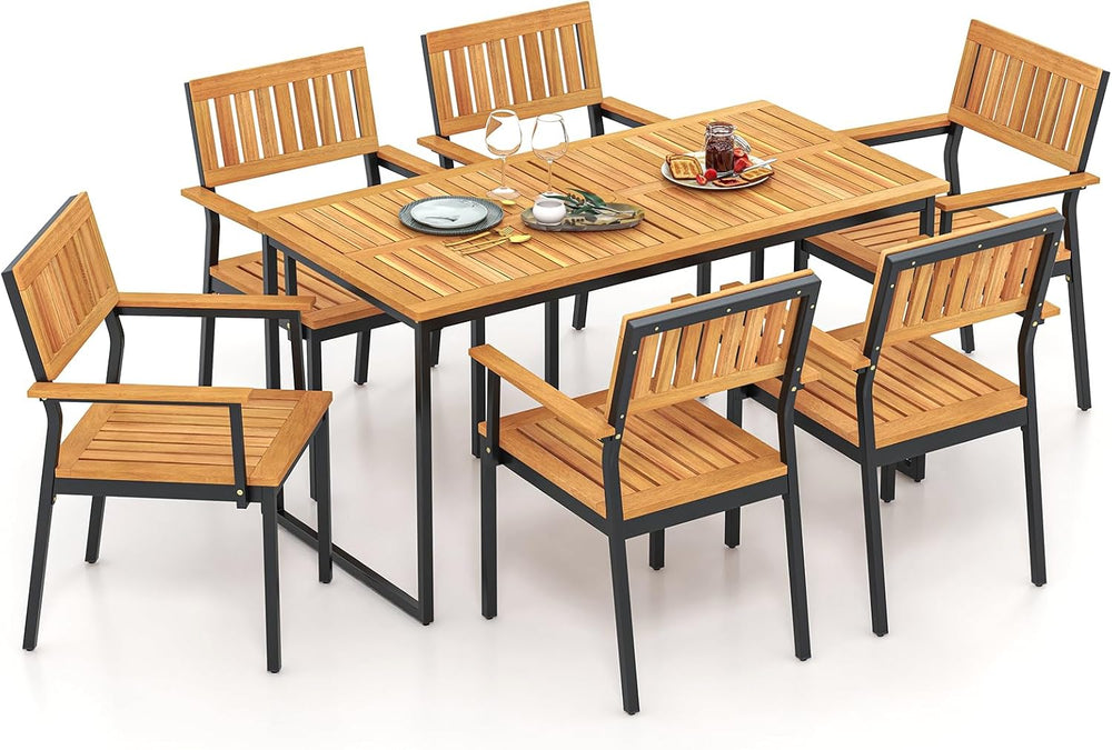 Tangkula 7 Piece Outdoor Dining Set for 6, Acacia Wood Rectangular Dining Tab...