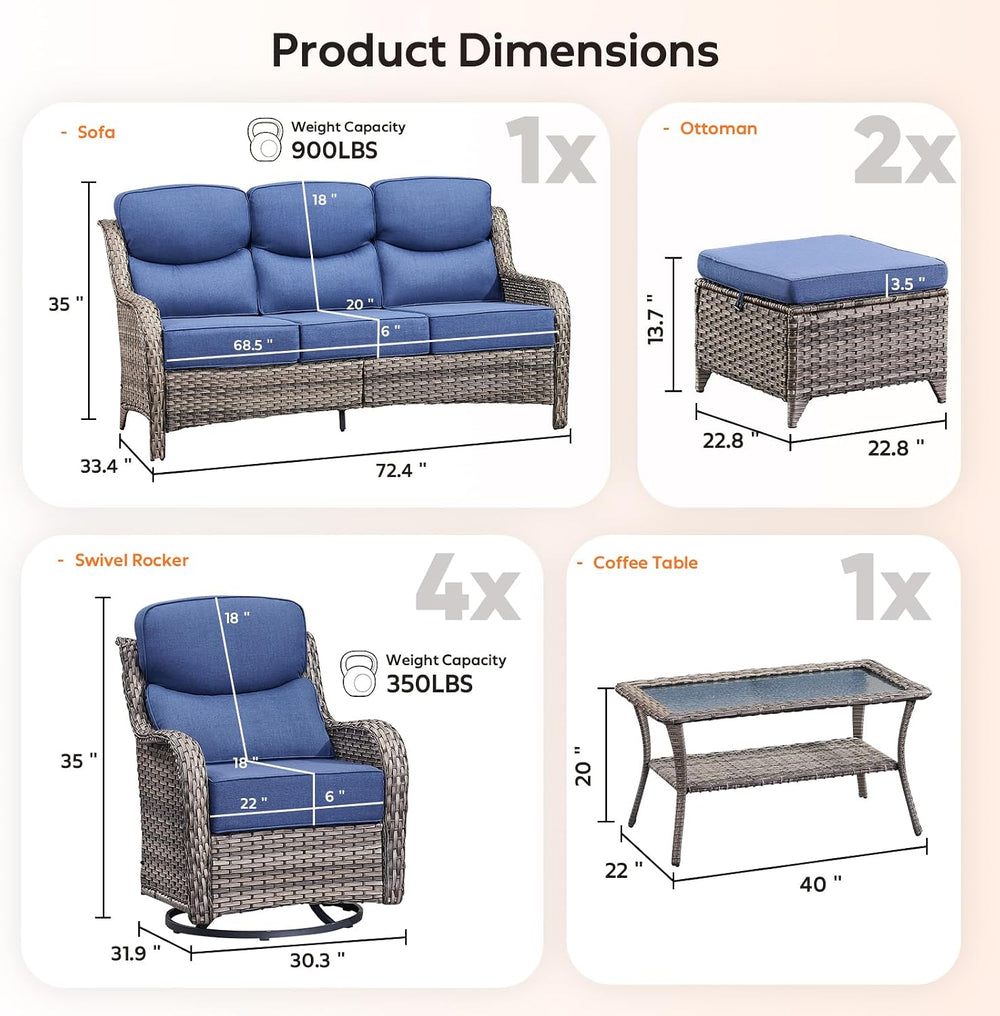 8 Pieces Outdoor Wicker Patio Furniture Set with Table High Back 6'' ...