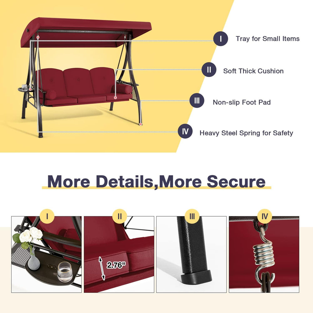 3 Person Porch Swing with Adjustable Canopy, Patio Swing with Stand