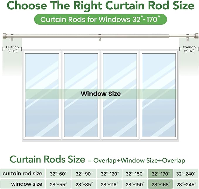Curtain Rods for Windows 32 to 170, 1 Inch Adjustable Heavy Duty Long Window ...