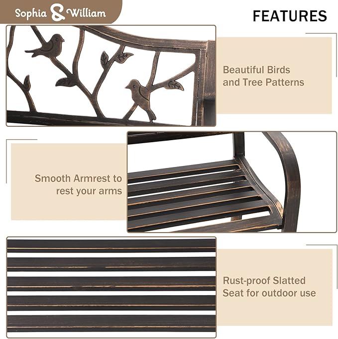 Sophia & William Outdoor Bench, Porch Bench, Garden Bench, Wrought Iron B...