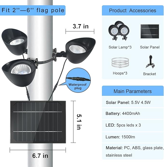 Solar Flag Pole Light 3 Super-Spotlights LEDs, Adjustable Metal Clamps Fits 2...