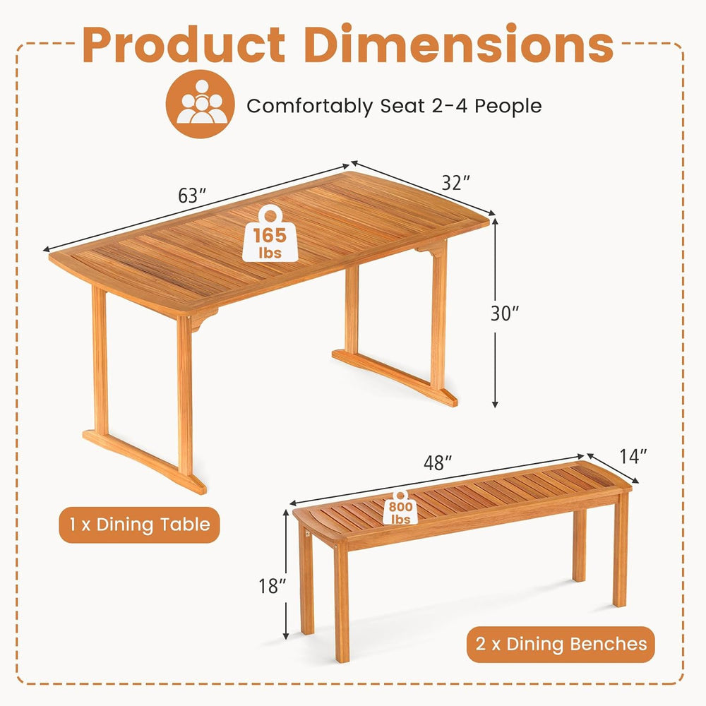 Tangkula 3 Piece Acacia Wood Patio Dining Table Set, 63" Large Patio Tab...
