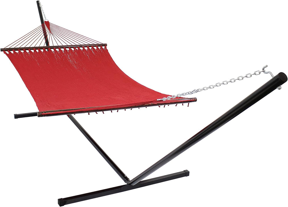 Sunnydaze XL Caribbean Rope 2-Person Hammock and Stand Combo, Red