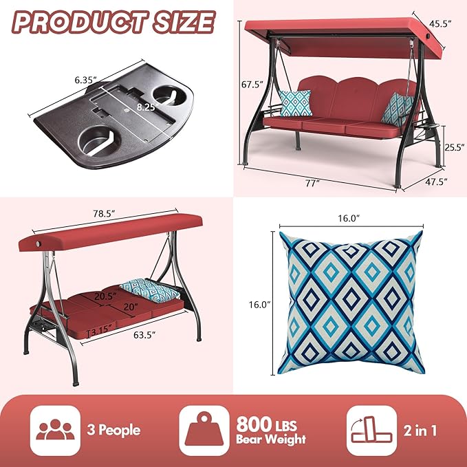 3 Seat Outdoor Porch Patio Swing with Stand 800lbs 2-in-1 Convertible Swing B...